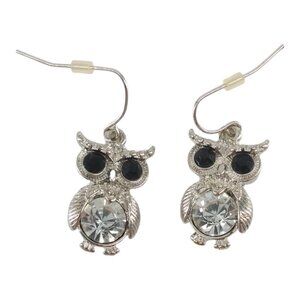 Owl Rhinestone Dangle Drop Pierced Silver Tone Earrings